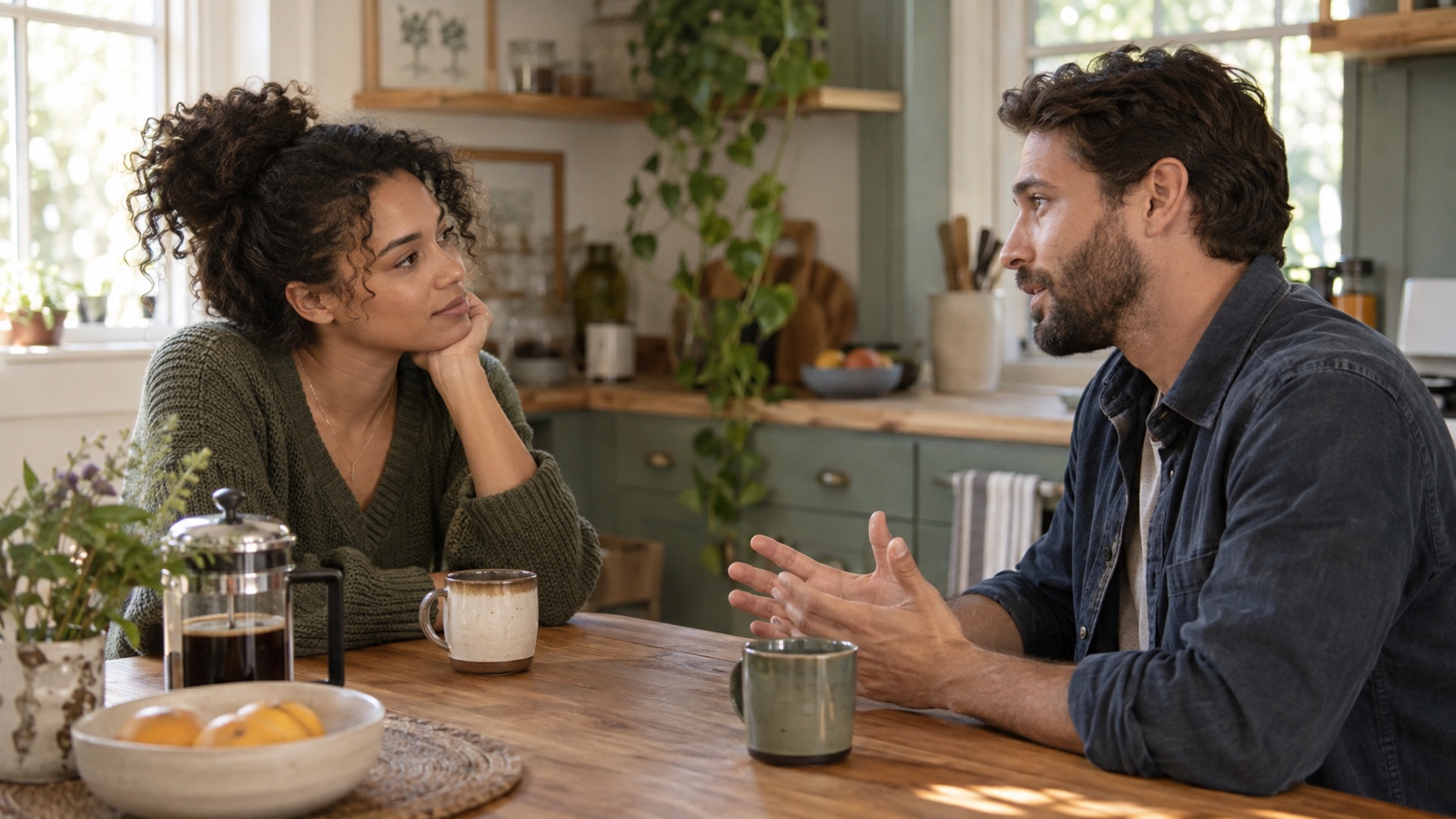 Two partners talk attentively across a sunlit kitchen table