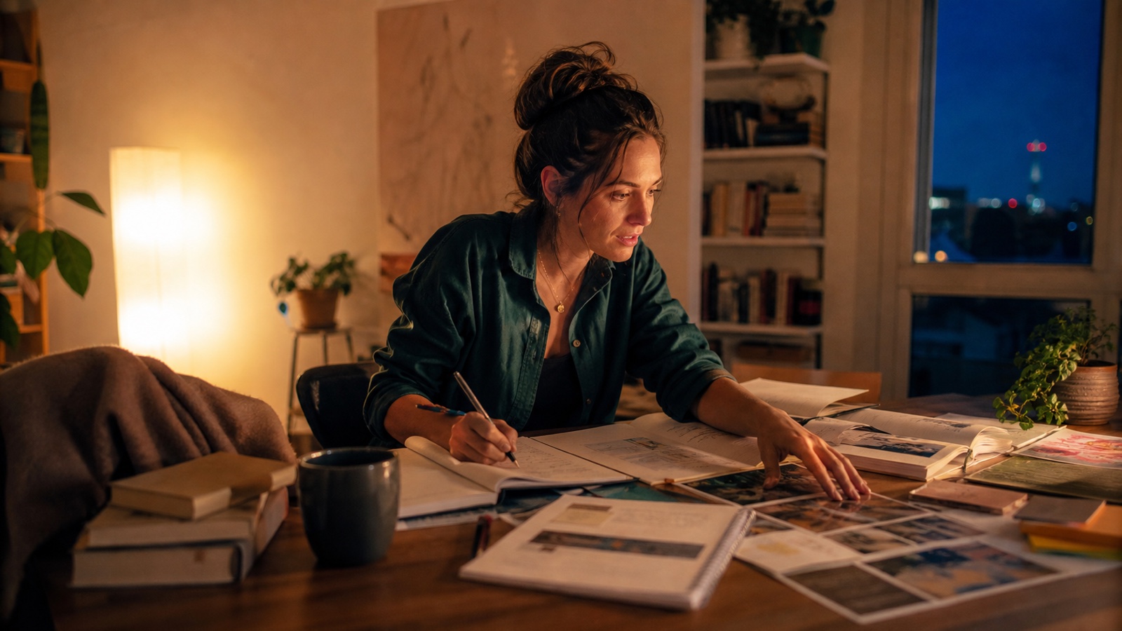 An energized adult works on several creative projects late at night