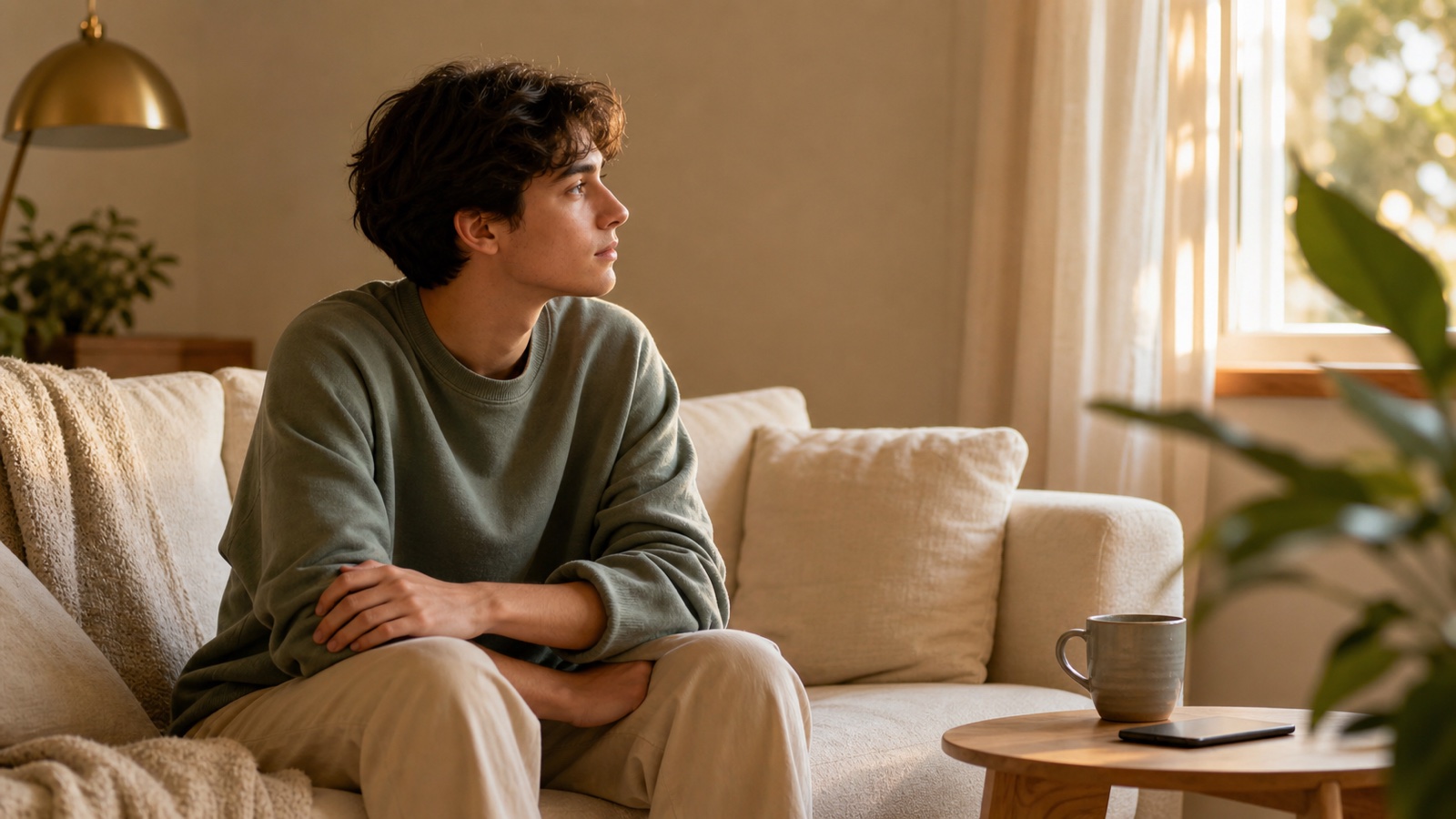 A young adult sitting quietly on a sofa while looking out a sunlit window