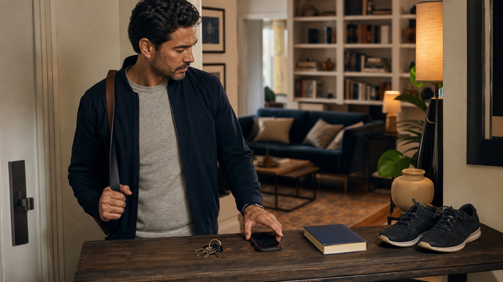 An adult closes a laptop at a planned evening cue and walks toward a softly lit bedroom