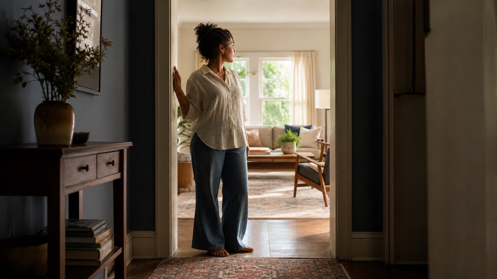 An adult in a bright kitchen turns toward a closed cabinet while grounding one hand on the counter